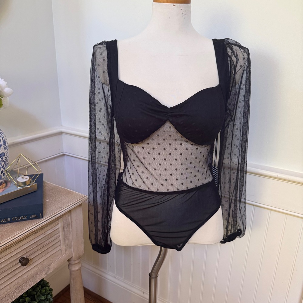 Haute Monde Black Swiss Dot Mesh Puff Sleeve Bodysuit Sweetheart Neck NWT M